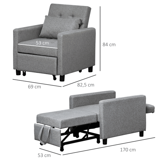 HOMCOM Sofá-cama Individual Poltrona com encosto reclinável Almofada removível Assento acolchoado e 4 rodas 69x77x84 cm Cinza
