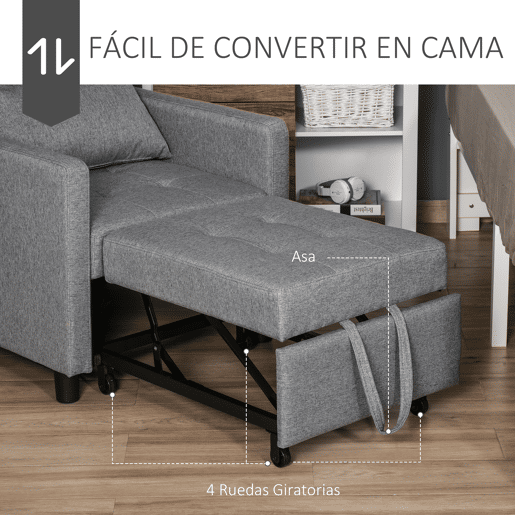 HOMCOM Sofá-cama Individual Poltrona com encosto reclinável Almofada removível Assento acolchoado e 4 rodas 69x77x84 cm Cinza