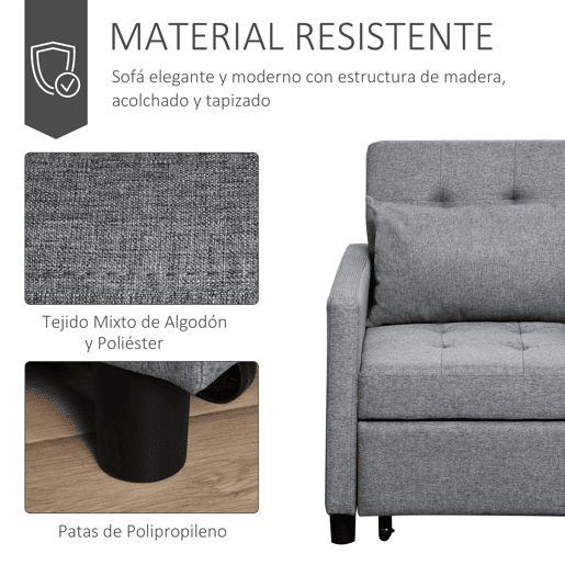 HOMCOM Sofá-cama Individual Poltrona com encosto reclinável Almofada removível Assento acolchoado e 4 rodas 69x77x84 cm Cinza