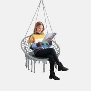 Outsunny Cadeira Suspensa Redonda Ø60 cm Cadeira de Rede com Almofada e Corda de Algodão para Interior e Exterior Carga Máxima de 120 kg 80x80x42 cm Cinzento