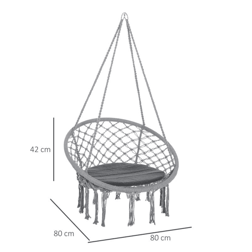 Outsunny Cadeira Suspensa Redonda Ø60 cm Cadeira de Rede com Almofada e Corda de Algodão para Interior e Exterior Carga Máxima de 120 kg 80x80x42 cm Cinzento