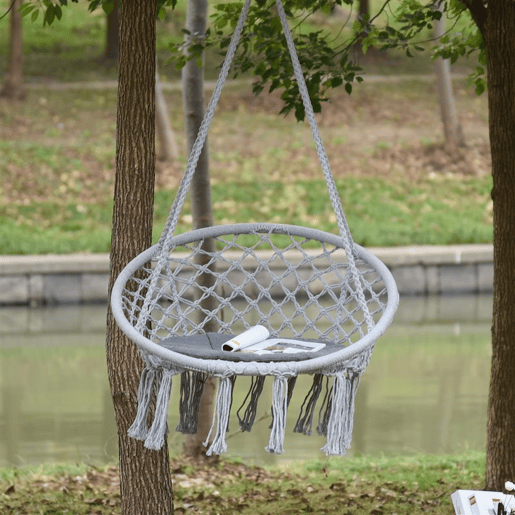 Outsunny Cadeira Suspensa Redonda Ø60 cm Cadeira de Rede com Almofada e Corda de Algodão para Interior e Exterior Carga Máxima de 120 kg 80x80x42 cm Cinzento