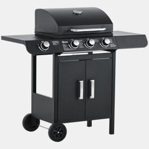 Outsunny Barbecue a Gás com 3+1 Queimadores 11,6KW 2 Mesas Laterais Armário de 2 Portas Termômetro e 2 Rodas Aço Inoxidável 110x50x100cm Preto