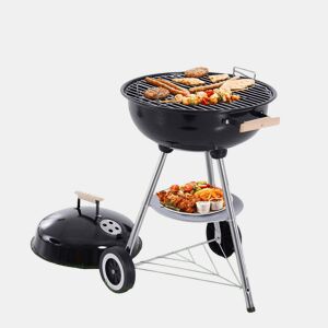 Outsunny Barbecue a Carvão com Rodas Barbecue a Carvão Portátil com Tampa e Tigela Esmaltadas e Puxadores de Madeira para Jardim Exterior Campismo 48x56x85 cm Preto