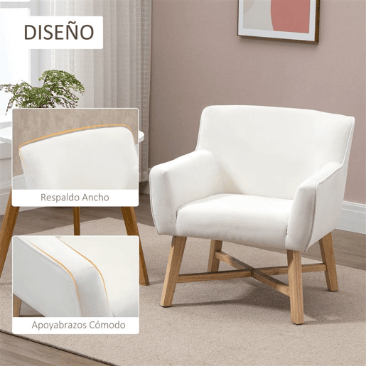 HOMCOM Poltrona de Sala de Estar Estofada em Veludo Poltrona Relax Moderna com Apoio para os Braços Acolchoados Pés de Madeira e Base Cruzada para Dormitório 67x65x74cm Branco Creme