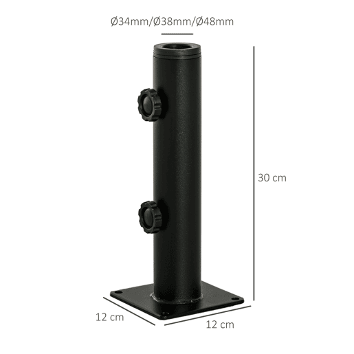 Outsunny Suporte Chapéu de Sol para Chão de Cimento com 2 Botões de Bloqueio e 4 Parafusos Base de Chapéu de Sol para Mastros de 343848mm 12x12x30cm Preto
