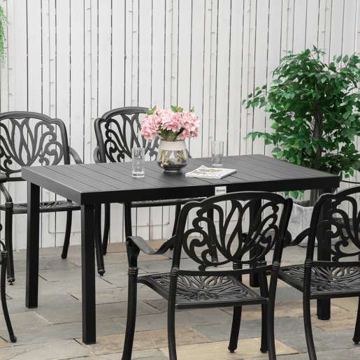 Outsunny Mesa de Jardim Retangular Mesa de Exterior para 6 Pessoas com Bancada de Ripas e Estrutura de Alumínio para Terraço Balcão 140x90x74cm Preto