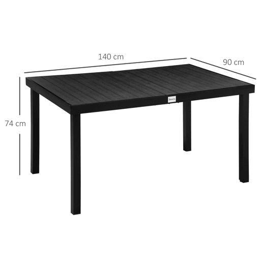 Outsunny Mesa de Jardim Retangular Mesa de Exterior para 6 Pessoas com Bancada de Ripas e Estrutura de Alumínio para Terraço Balcão 140x90x74cm Preto