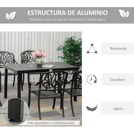 Outsunny Mesa de Jardim Retangular Mesa de Exterior para 6 Pessoas com Bancada de Ripas e Estrutura de Alumínio para Terraço Balcão 140x90x74cm Preto