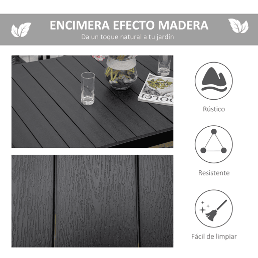 Outsunny Mesa de Jardim Retangular Mesa de Exterior para 6 Pessoas com Bancada de Ripas e Estrutura de Alumínio para Terraço Balcão 140x90x74cm Preto