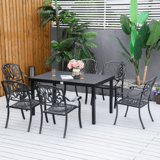 Outsunny Mesa de Jardim Retangular Mesa de Exterior para 6 Pessoas com Bancada de Ripas e Estrutura de Alumínio para Terraço Balcão 140x90x74cm Preto