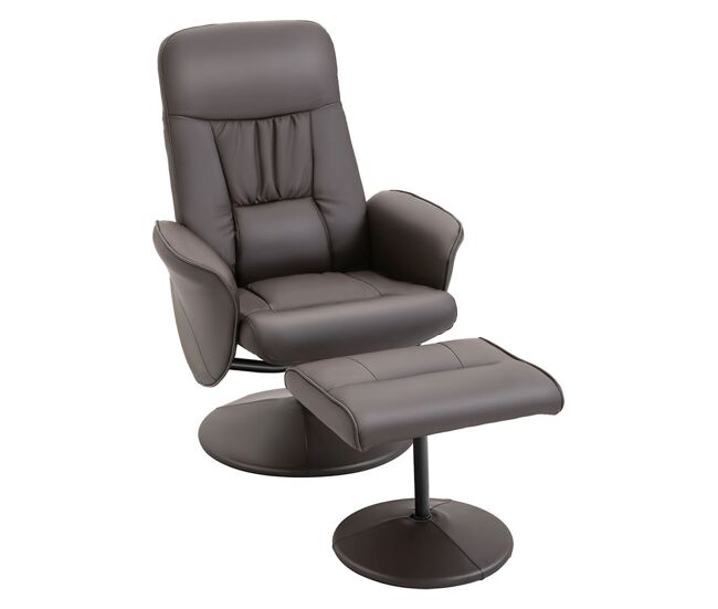 Homcom sillón relax reclinable con reposapiés, sillón relax de cuero sintético con respaldo alto, giratorio 360°, reposabrazos, para salón, dormitorio, marrón