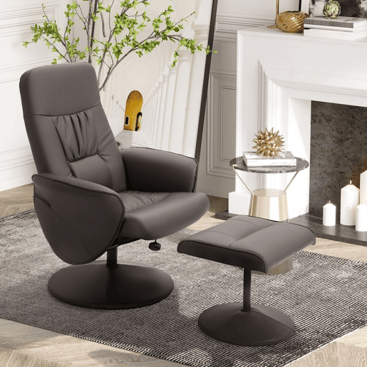 HOMCOM Poltrona Relax com Apoio para os Pés Estofada em PU Poltrona Relax Reclinável até 145° e Giratório 360° com Encosto Ajustável para Sala de Estar Dormitório Escritório 81x81x105cm Marrom