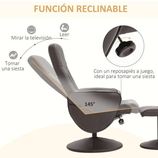 HOMCOM Poltrona Relax com Apoio para os Pés Estofada em PU Poltrona Relax Reclinável até 145° e Giratório 360° com Encosto Ajustável para Sala de Estar Dormitório Escritório 81x81x105cm Marrom