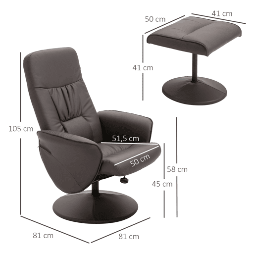 HOMCOM Poltrona Relax com Apoio para os Pés Estofada em PU Poltrona Relax Reclinável até 145° e Giratório 360° com Encosto Ajustável para Sala de Estar Dormitório Escritório 81x81x105cm Marrom