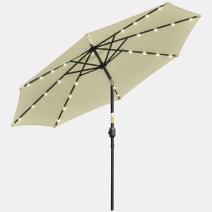 Outsunny Chapéu de Sol Exterior para Terraço, Ø265 cm, Guarda-sol de Jardim com 32 Luzes LED Solares, Poste de Aço e Manivela de Guarda-sol Inclinável, para Pátio, Terraço, Bege