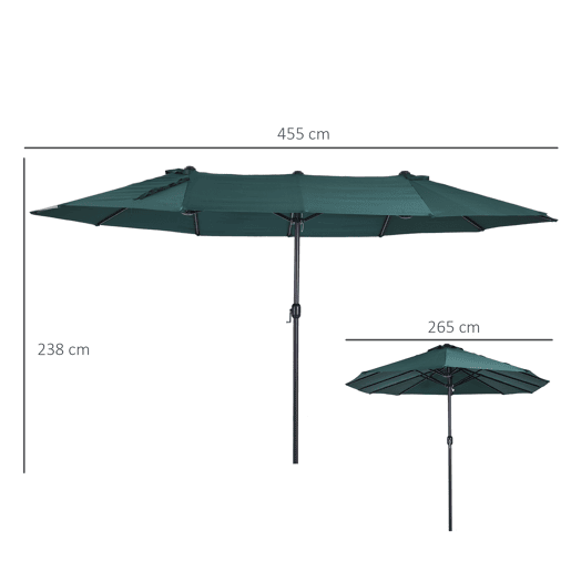 Outsunny Chapéu de Sol Duplo 4,55x2,65x2,38 m Chapéu de Sol de Jardim com Manivela Manual Resistente à Água e com Proteção Solar UV para Terraço Pátio Verde