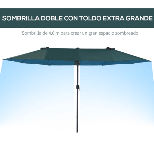 Outsunny Chapéu de Sol Duplo 4,55x2,65x2,38 m Chapéu de Sol de Jardim com Manivela Manual Resistente à Água e com Proteção Solar UV para Terraço Pátio Verde