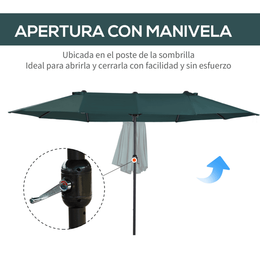 Outsunny Chapéu de Sol Duplo 4,55x2,65x2,38 m Chapéu de Sol de Jardim com Manivela Manual Resistente à Água e com Proteção Solar UV para Terraço Pátio Verde