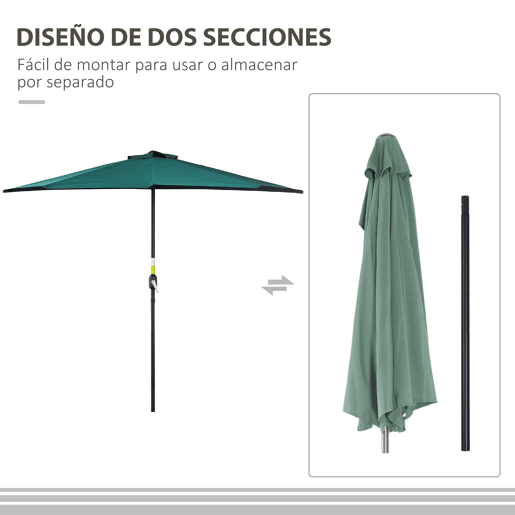 Outsunny Chapéu de Sol 269x138x236 cm Guarda-sol de Jardim com Manivela e Forma Semicircular Tecido Poliéster 180 gm² para Exterior Terraço Pátio Piscina Verde