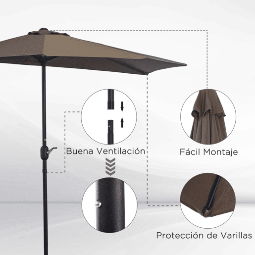 Outsunny Guarda-Sol 269x138x236 cm com Manivela e Forma Semicircular de Poliéster 180 gm² para Jardim, Terraço, Piscina e Café