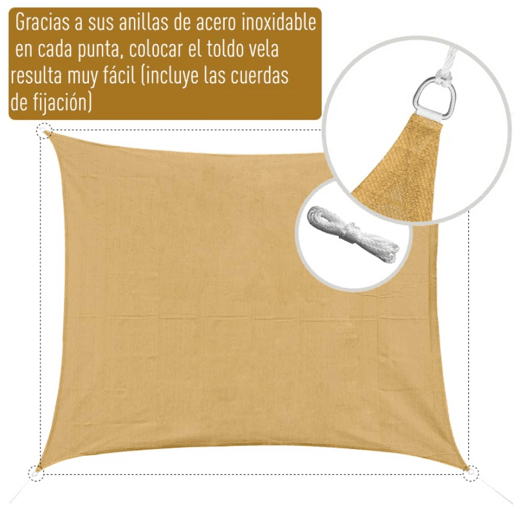 Outsunny Toldo Vela de Sombra Retangular 4x6 m Toldo de Terraço em HDPE com Proteção UV, Anéis de Aço Inoxidável e Cordas de Nylon para Jardim e Pátio - Areia