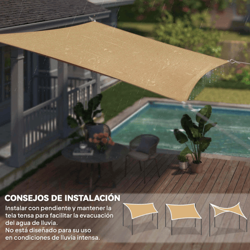 Outsunny Toldo Vela de Sombra Retangular 4x6 m Toldo de Terraço em HDPE com Proteção UV, Anéis de Aço Inoxidável e Cordas de Nylon para Jardim e Pátio - Areia