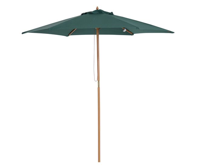 Outsunny sombrilla de jardín ø250x230 cm parasol de terraza con 6 varillas poste desmontable anti-uv impermeable y marco de madera para playa patio verde