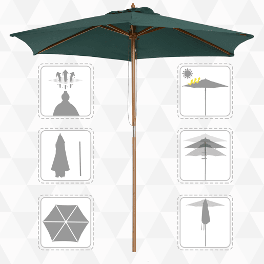 Outsunny Chapéu de Sol Ø250x230cm Chapéu de Sol com Mastro de Madeira com 6 Hastes Sistema de Polia com Fixação para Jardim Pátio Terraço Verde Outsunny Chapéu de Sol Ø250x230cm Chapéu de Sol com Mastro de Madeira com 6 Hastes Sistema de Polia com Fixação para Jardim Pátio Terraço Verde