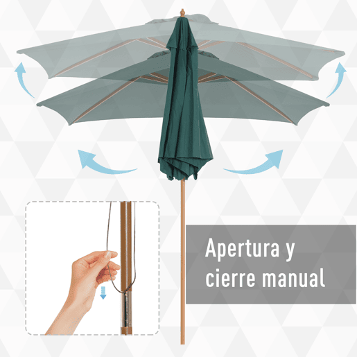 Outsunny Chapéu de Sol Ø250x230cm Chapéu de Sol com Mastro de Madeira com 6 Hastes Sistema de Polia com Fixação para Jardim Pátio Terraço Verde Outsunny Chapéu de Sol Ø250x230cm Chapéu de Sol com Mastro de Madeira com 6 Hastes Sistema de Polia com Fixação para Jardim Pátio Terraço Verde