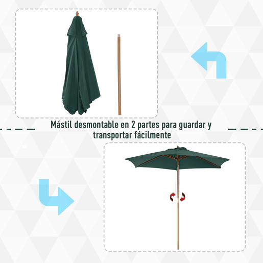 Outsunny Chapéu de Sol Ø250x230cm Chapéu de Sol com Mastro de Madeira com 6 Hastes Sistema de Polia com Fixação para Jardim Pátio Terraço Verde Outsunny Chapéu de Sol Ø250x230cm Chapéu de Sol com Mastro de Madeira com 6 Hastes Sistema de Polia com Fixação para Jardim Pátio Terraço Verde
