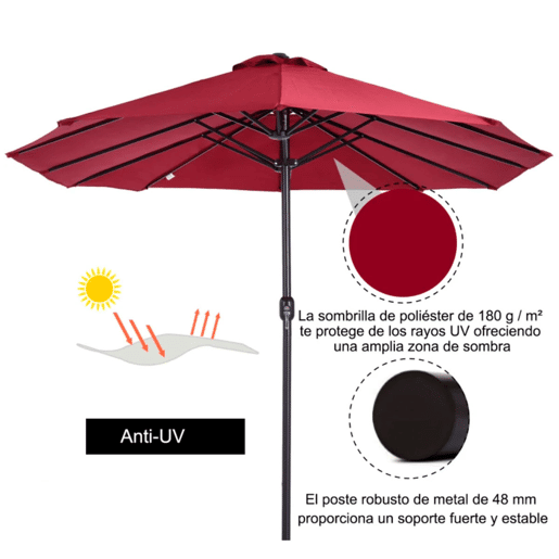 Outsunny Chapéu de Sol Duplo 4,55x2,65x2,38 m Chapéu de Sol de Jardim com Manivela Manual Resistente à Água e com Proteção Solar UV para Terraço Pátio Vinho