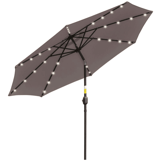 Outsunny Chapéu de Sol para Terraço Exterior, Ø265 cm, Guarda-sol de Jardim com 32 Luzes LED Solares, Poste de Aço e Manivela Inclinável, para Pátio, Terraço, Cinzento