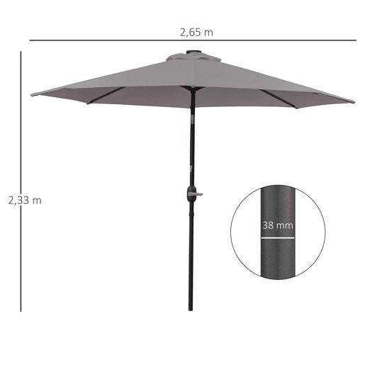 Outsunny Chapéu de Sol para Terraço Exterior, Ø265 cm, Guarda-sol de Jardim com 32 Luzes LED Solares, Poste de Aço e Manivela Inclinável, para Pátio, Terraço, Cinzento