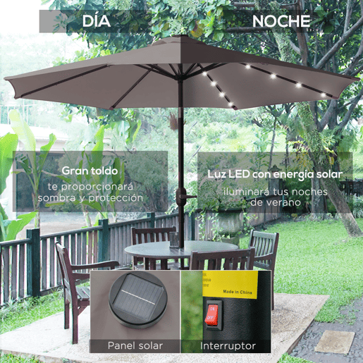 Outsunny Chapéu de Sol para Terraço Exterior, Ø265 cm, Guarda-sol de Jardim com 32 Luzes LED Solares, Poste de Aço e Manivela Inclinável, para Pátio, Terraço, Cinzento