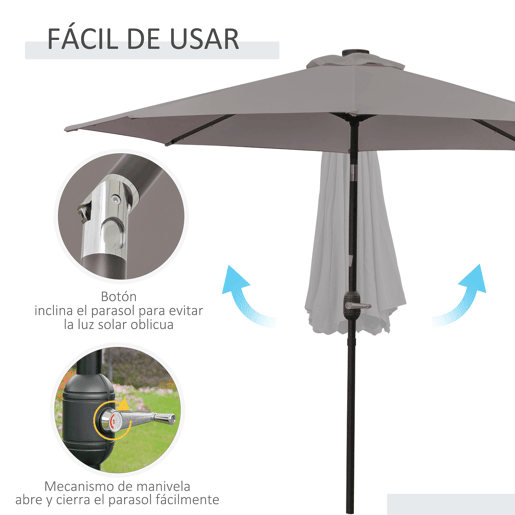 Outsunny Chapéu de Sol para Terraço Exterior, Ø265 cm, Guarda-sol de Jardim com 32 Luzes LED Solares, Poste de Aço e Manivela Inclinável, para Pátio, Terraço, Cinzento
