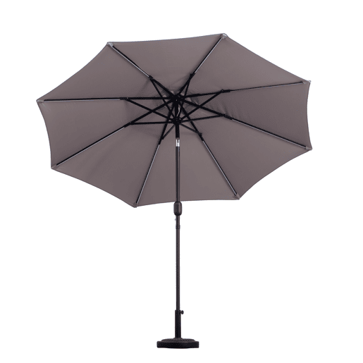 Outsunny Chapéu de Sol para Terraço Exterior, Ø265 cm, Guarda-sol de Jardim com 32 Luzes LED Solares, Poste de Aço e Manivela Inclinável, para Pátio, Terraço, Cinzento