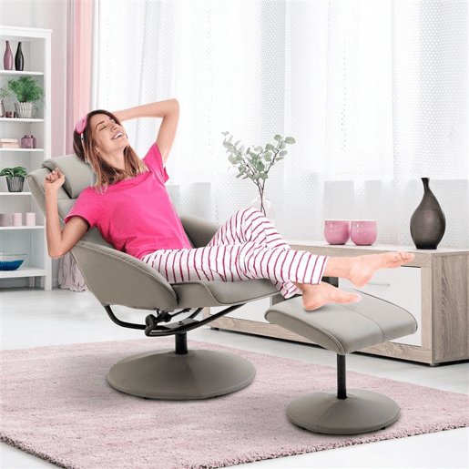 HOMCOM Poltrona Relax Reclinável até 145° com Banco de Apoio para os Pés Poltrona Giratória 360° Estofada em PU e Estrutura de Aço 78x67x98cm Cinza