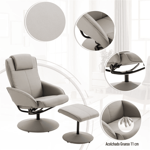 HOMCOM Poltrona Relax Reclinável até 145° com Banco de Apoio para os Pés Poltrona Giratória 360° Estofada em PU e Estrutura de Aço 78x67x98cm Cinza