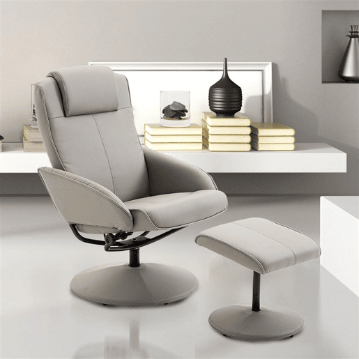 HOMCOM Poltrona Relax Reclinável até 145° com Banco de Apoio para os Pés Poltrona Giratória 360° Estofada em PU e Estrutura de Aço 78x67x98cm Cinza