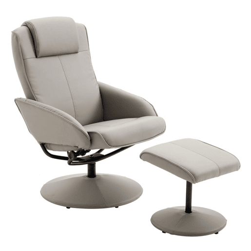 HOMCOM Poltrona Relax Reclinável até 145° com Banco de Apoio para os Pés Poltrona Giratória 360° Estofada em PU e Estrutura de Aço 78x67x98cm Cinza