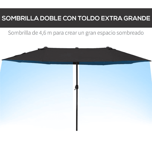 Outsunny Chapéu de Sol Duplo 4,6x2,7 m para Terraço Exterior com Manivela Manual, Resistente à Água e Proteção Solar, Grande para Terraço, Praia ou Piscina - Preto