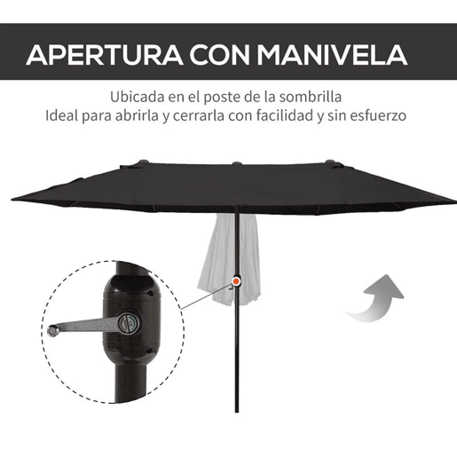 Outsunny Chapéu de Sol Duplo 4,6x2,7 m para Terraço Exterior com Manivela Manual, Resistente à Água e Proteção Solar, Grande para Terraço, Praia ou Piscina - Preto