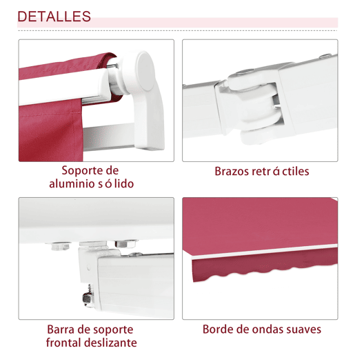 Outsunny Toldo Manual Retrátil 395x245 cm, Toldo Exterior para Terraço com Ângulo Ajustável, Braço Articulado, Montagem na Parede, Estrutura de Alumínio, Anti-UV e Impermeável, para Jardim, Vermelho Outsunny Toldo Manual Retrátil 395x245 cm, Toldo Exterior para Terraço com Ângulo Ajustável, Braço Articulado, Montagem na Parede, Estrutura de Alumínio, Anti-UV e Impermeável, para Jardim, Vermelho