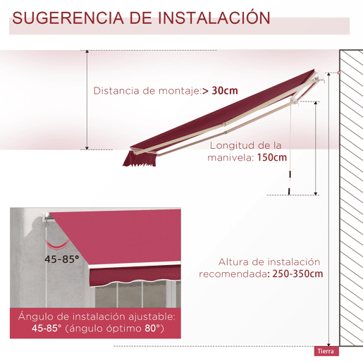 Outsunny Toldo Manual Retrátil 395x245 cm, Toldo Exterior para Terraço com Ângulo Ajustável, Braço Articulado, Montagem na Parede, Estrutura de Alumínio, Anti-UV e Impermeável, para Jardim, Vermelho Outsunny Toldo Manual Retrátil 395x245 cm, Toldo Exterior para Terraço com Ângulo Ajustável, Braço Articulado, Montagem na Parede, Estrutura de Alumínio, Anti-UV e Impermeável, para Jardim, Vermelho