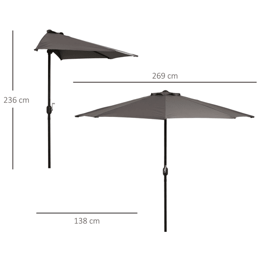 Outsunny Chapéu de Sol 269x138x236 cm Guarda-sol de Jardim com Manivela e Forma Semicircular Tecido Poliéster 180 gm² para Exterior Terraço Pátio Piscina Cinzento