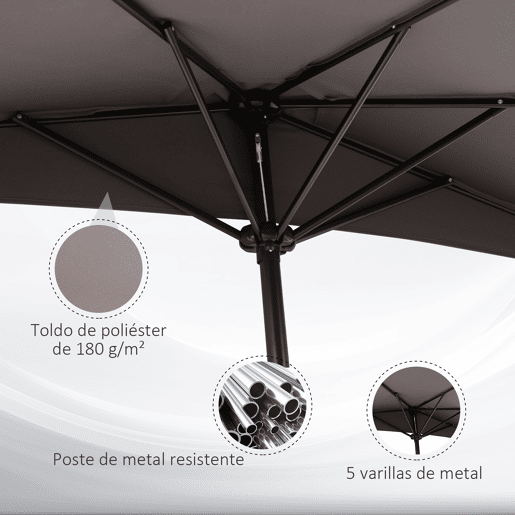 Outsunny Chapéu de Sol 269x138x236 cm Guarda-sol de Jardim com Manivela e Forma Semicircular Tecido Poliéster 180 gm² para Exterior Terraço Pátio Piscina Cinzento