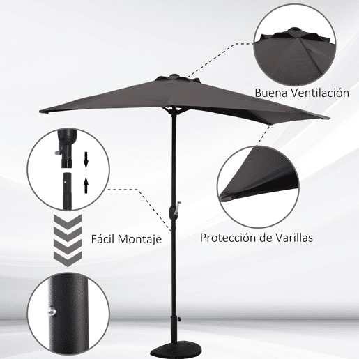 Outsunny Chapéu de Sol 269x138x236 cm Guarda-sol de Jardim com Manivela e Forma Semicircular Tecido Poliéster 180 gm² para Exterior Terraço Pátio Piscina Cinzento