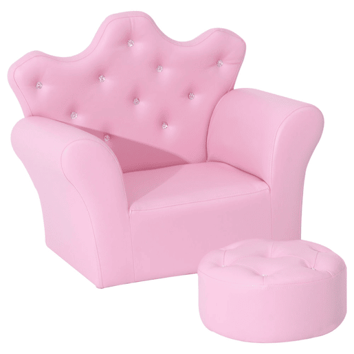 HOMCOM Sofá para Crianças com Banco Sofá Infantil Decorativo com Encosto Alto em Forma de Coroa e Apoio para os Braços Acolchoado 58x40,5x49cm Rosa