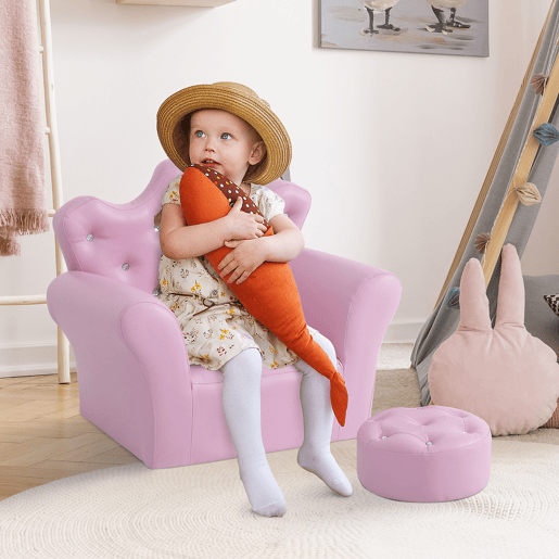 HOMCOM Sofá para Crianças com Banco Sofá Infantil Decorativo com Encosto Alto em Forma de Coroa e Apoio para os Braços Acolchoado 58x40,5x49cm Rosa